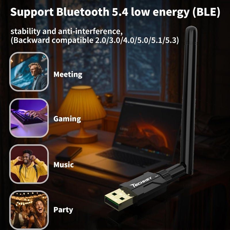 TECHKEY USB Bluetooth 5.4 Adapter for Desktop PC: Long Range 500FT Wireless Dongle with 5dBi Antenna Plug & Play for Laptop Windows 11/10/8.1, Pair BT Headphones/Headset/Speaker/Mouse/Keyboard/Printer - Image 3